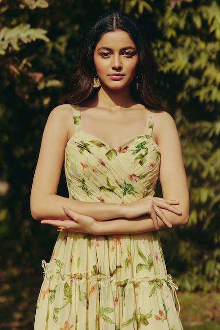 EWOKE_Yellow Georgette Sweetheart Neck Floral Print Fit And Flare Mini Dress _Online_at_Aza_Fashions
