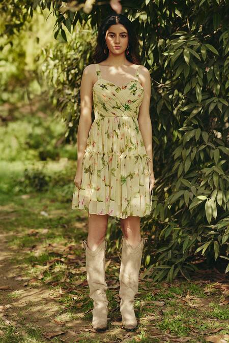 Shop_EWOKE_Yellow Georgette Sweetheart Neck Floral Print Fit And Flare Mini Dress _at_Aza_Fashions