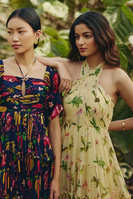 EWOKE_Yellow Georgette Halter Neck Floral Print Maxi Dress _Online_at_Aza_Fashions