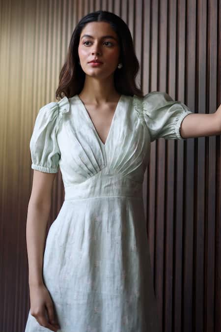 EWOKE_Green Cotton Embroidery V-neck Floral Mini Dress _Online_at_Aza_Fashions