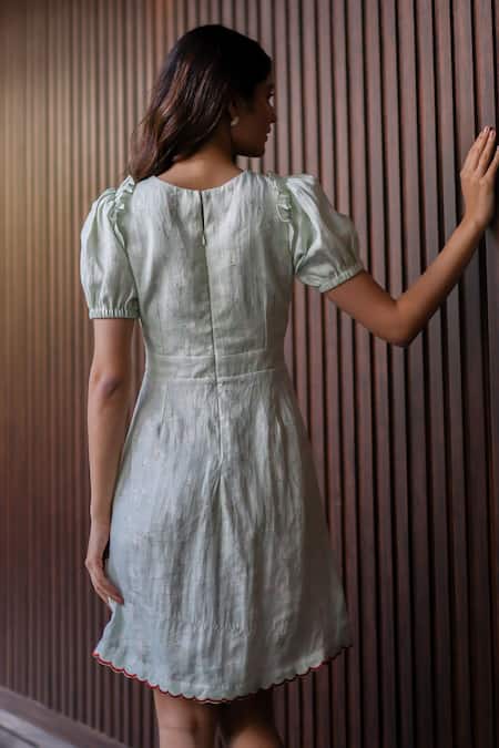 Shop_EWOKE_Green Cotton Embroidery V-neck Floral Mini Dress _at_Aza_Fashions
