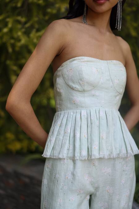EWOKE_Green Hemp Embroidery Off-shoulder Pastel Peplum Pant Set _Online_at_Aza_Fashions