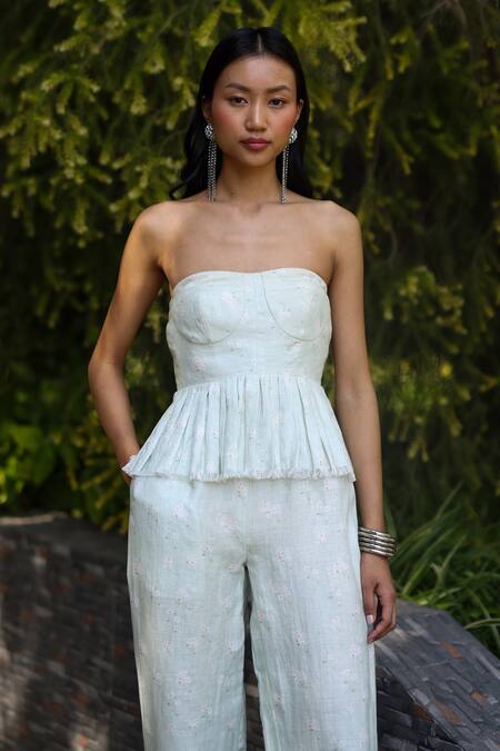 Buy_EWOKE_Green Hemp Embroidery Off-shoulder Pastel Peplum Pant Set _Online_at_Aza_Fashions