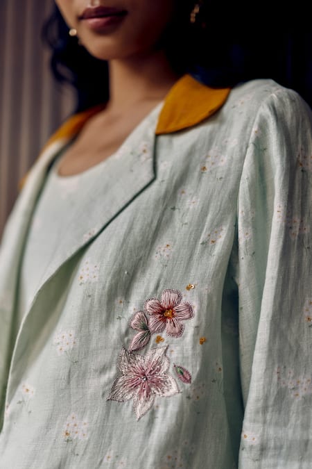 Shop_EWOKE_Green Cotton Embroidery Collared Floral Jacket _at_Aza_Fashions