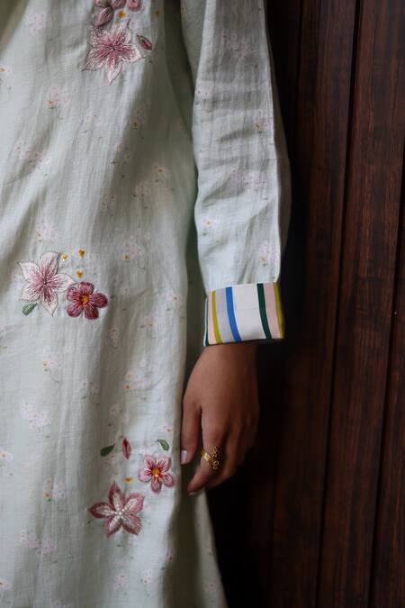 EWOKE_Green Cotton Embroidery Collared Floral Jacket _Online_at_Aza_Fashions