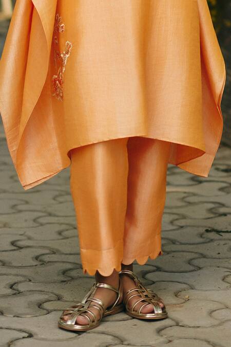 EWOKE_Yellow Handloom Cotton Embroidery V-neck Mango Kaftan Set _Online_at_Aza_Fashions
