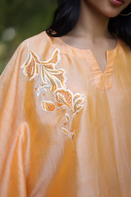 Buy_EWOKE_Yellow Handloom Cotton Embroidery V-neck Mango Kaftan Set _Online_at_Aza_Fashions