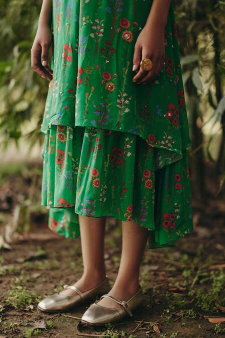Buy_EWOKE_Green Crepe Embroidery V-neck Floral Midi Dress _Online_at_Aza_Fashions