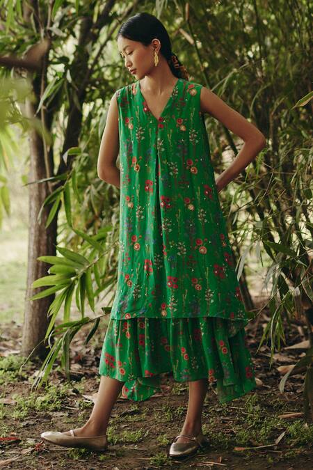 Shop_EWOKE_Green Crepe Embroidery V-neck Floral Midi Dress _at_Aza_Fashions