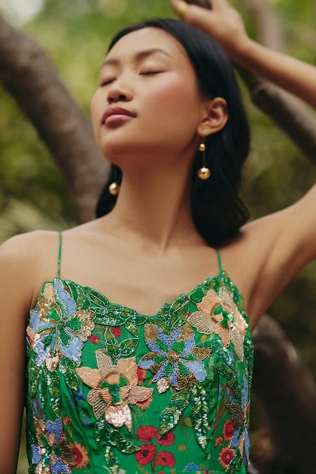 Shop_EWOKE_Green Crepe Sequins, Embroidery Floral Maxi Dress _at_Aza_Fashions