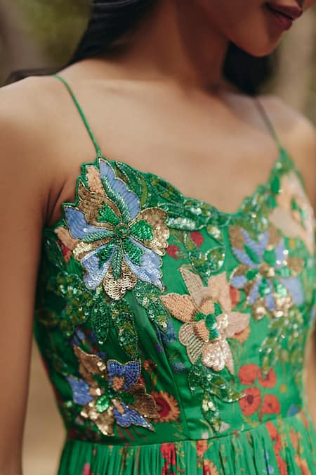 EWOKE_Green Crepe Sequins, Embroidery Floral Maxi Dress _Online_at_Aza_Fashions