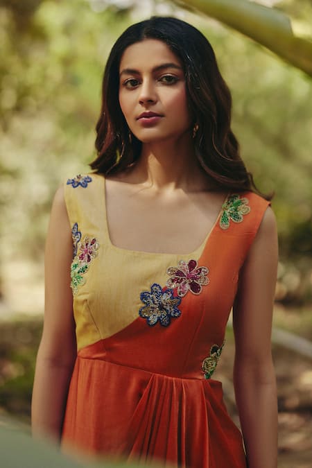 EWOKE_Yellow Cotton, Satin, Georgette Sequins, Embroidery Floral Draped Midi Dress _Online_at_Aza_Fashions