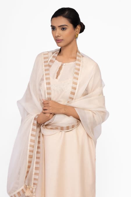 Buy Bhavik Shah Beige Chanderi , Cotton, , Organza Embroidery, Tassels Kurta Set Buy_Bhavik Shah_Beige Chanderi , Cotton, , Organza Embroidery, Tassels Kurta Set