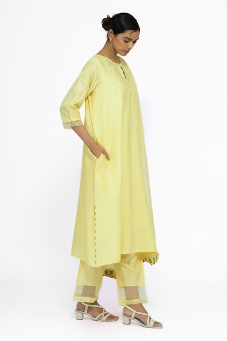 Bhavik Shah_Yellow Chanderi, , Cotton, Organza Embroidery Keyhole A-line Kurta Set _Online_at_Aza_Fashions
