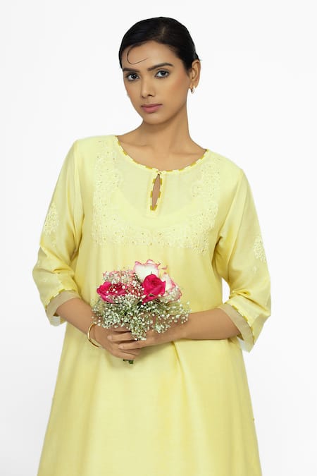 Buy_Bhavik Shah_Yellow Chanderi, , Cotton, Organza Embroidery Keyhole A-line Kurta Set _Online_at_Aza_Fashions
