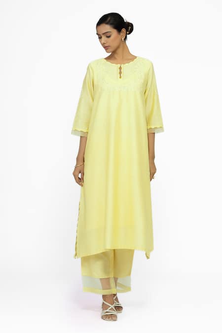 Shop_Bhavik Shah_Yellow Chanderi, , Cotton, Organza Embroidery Keyhole A-line Kurta Set _Online_at_Aza_Fashions