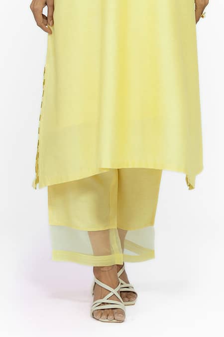 Bhavik Shah_Yellow Chanderi, , Cotton, Organza Embroidery Keyhole A-line Kurta Set _at_Aza_Fashions