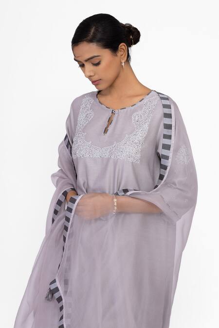 Bhavik Shah_Gray Chanderi , Cotton, , Organza Embroidery Round Neck Kurta Set _Online_at_Aza_Fashions