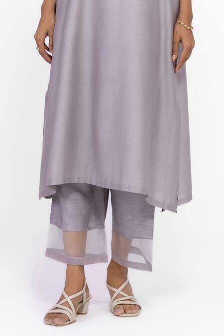 Shop_Bhavik Shah_Gray Chanderi , Cotton, , Organza Embroidery Round Neck Kurta Set _Online_at_Aza_Fashions