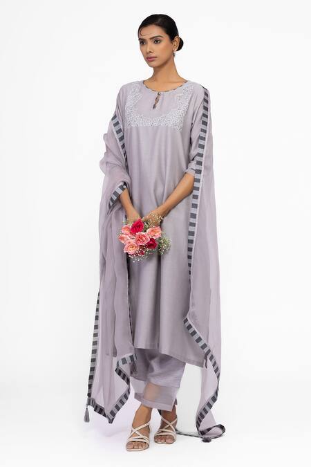 Bhavik Shah_Gray Chanderi , Cotton, , Organza Embroidery Round Neck Kurta Set _at_Aza_Fashions