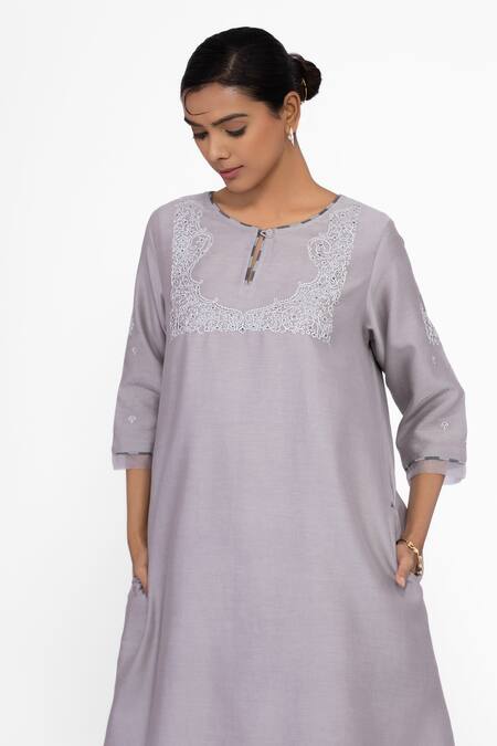 Buy_Bhavik Shah_Gray Chanderi , Cotton, , Organza Embroidery Round Neck Kurta Set 