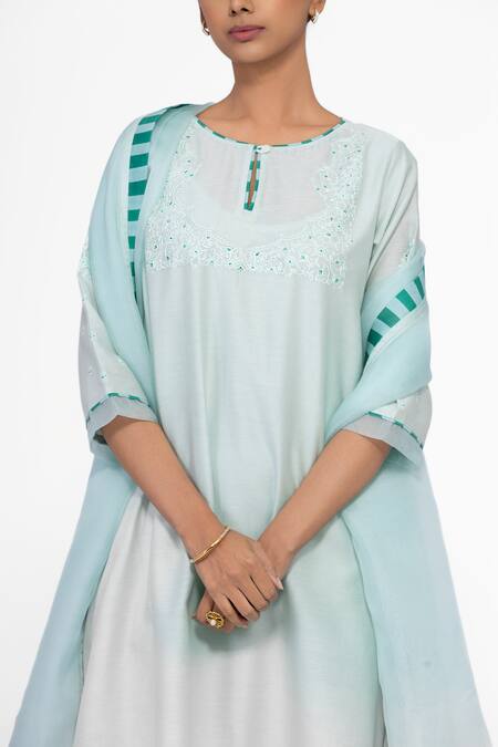 Bhavik Shah_Mint Chanderi , Cotton, , Organza Embroidery Keyhole Neck Kurta Set _Online_at_Aza_Fashions