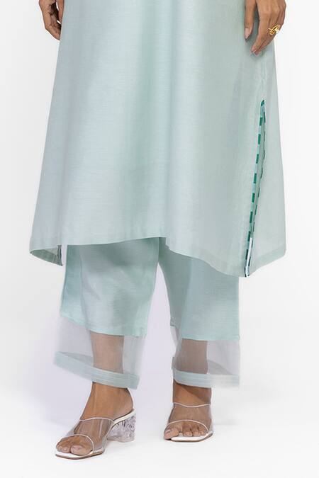 Buy_Bhavik Shah_Mint Chanderi , Cotton, , Organza Embroidery Keyhole Neck Kurta Set _Online_at_Aza_Fashions