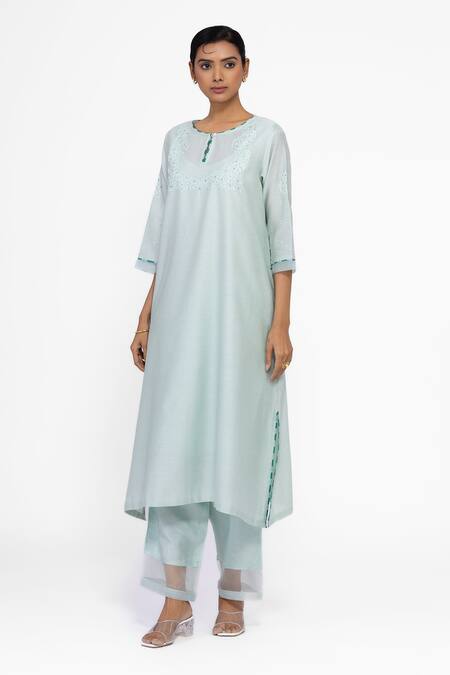 Shop_Bhavik Shah_Mint Chanderi , Cotton, , Organza Embroidery Keyhole Neck Kurta Set _Online_at_Aza_Fashions