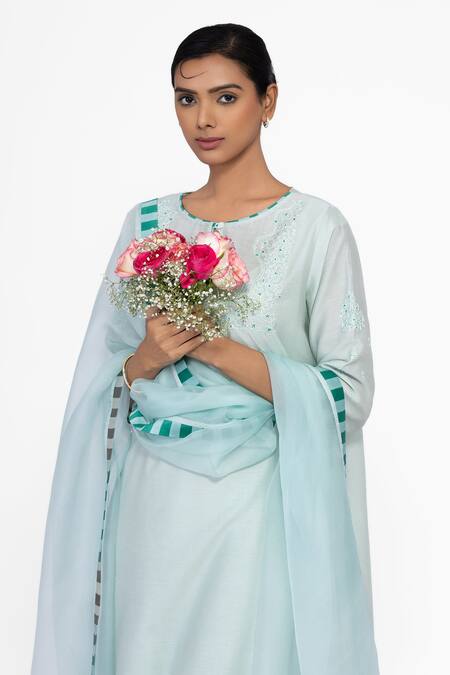 Bhavik Shah_Mint Chanderi , Cotton, , Organza Embroidery Keyhole Neck Kurta Set _at_Aza_Fashions