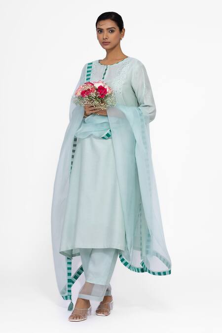 Buy_Bhavik Shah_Mint Chanderi , Cotton, , Organza Embroidery Keyhole Neck Kurta Set 