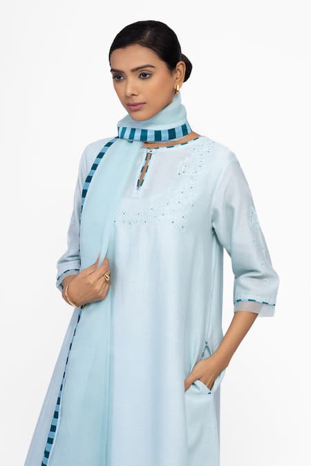 Bhavik Shah_Blue , Chanderi, Cotton, Organza Embroidery Round A-line Kurta Set _Online_at_Aza_Fashions