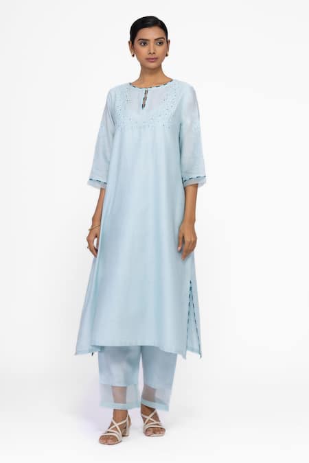 Buy_Bhavik Shah_Blue , Chanderi, Cotton, Organza Embroidery Round A-line Kurta Set _Online_at_Aza_Fashions
