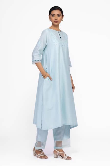 Shop_Bhavik Shah_Blue , Chanderi, Cotton, Organza Embroidery Round A-line Kurta Set _Online_at_Aza_Fashions