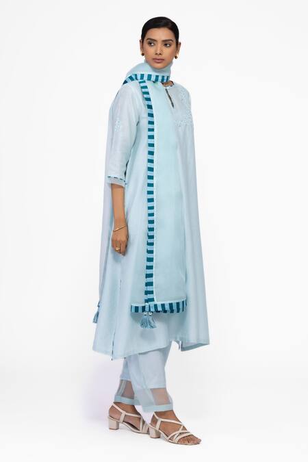 Bhavik Shah_Blue , Chanderi, Cotton, Organza Embroidery Round A-line Kurta Set _at_Aza_Fashions