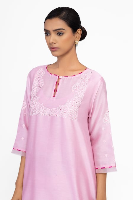 Bhavik Shah_Pink Silk, Cotton, Silk, Embroidery Round Neck Kurta Set _Online_at_Aza_Fashions