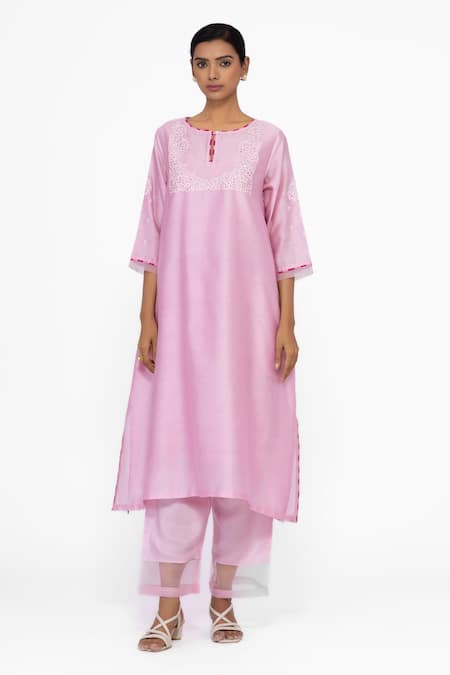Buy_Bhavik Shah_Pink Silk, Cotton, Silk, Embroidery Round Neck Kurta Set _Online_at_Aza_Fashions