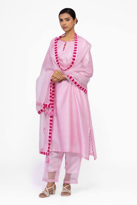 Shop_Bhavik Shah_Pink Silk, Cotton, Silk, Embroidery Round Neck Kurta Set _Online_at_Aza_Fashions