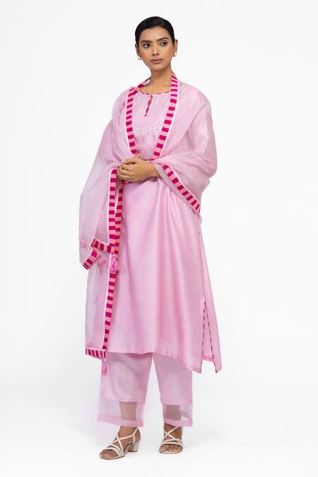 Bhavik Shah_Pink Silk, Cotton, Silk, Embroidery Round Neck Kurta Set _at_Aza_Fashions