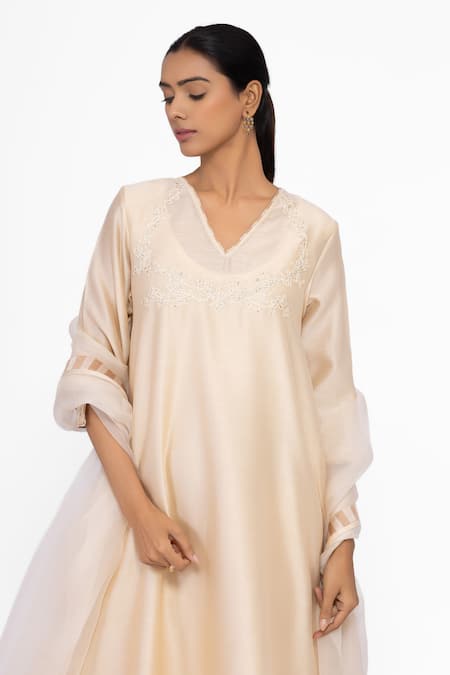 Shop_Bhavik Shah_Beige Chanderi, Silk, Cotton Embroidery V-neck Kurta Set _Online_at_Aza_Fashions