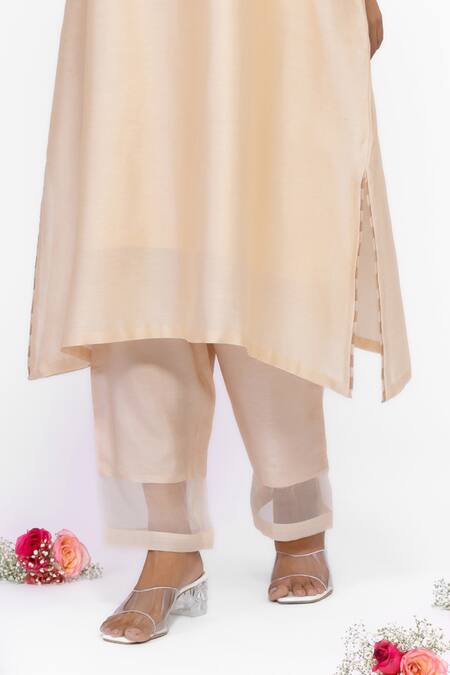 Bhavik Shah_Beige Chanderi, Silk, Cotton Embroidery V-neck Kurta Set _at_Aza_Fashions