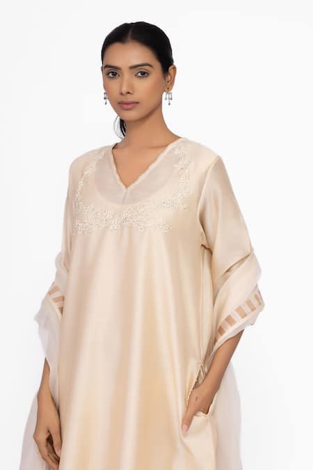 Buy_Bhavik Shah_Beige Chanderi, Silk, Cotton Embroidery V-neck Kurta Set 