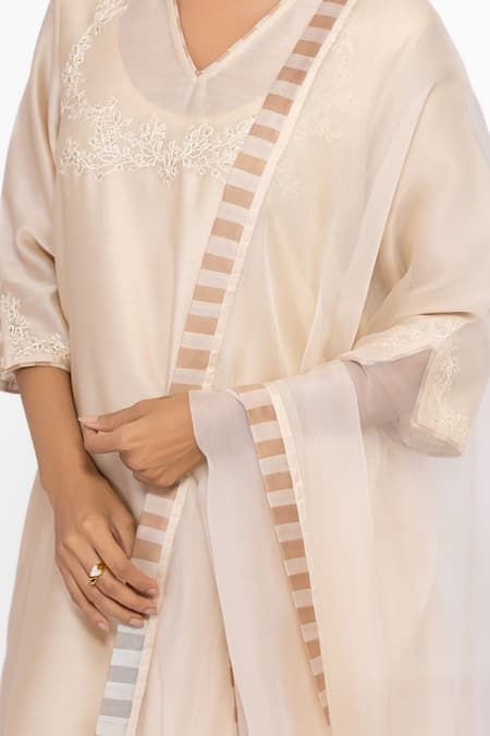 Shop_Bhavik Shah_Beige Chanderi, Silk, Cotton Embroidery V-neck Kurta Set 