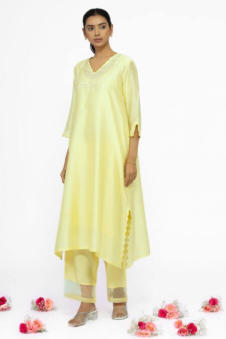 Bhavik Shah_Yellow Chanderi , Cotton, , Organza Embroidery V-neck Kurta Set _Online_at_Aza_Fashions