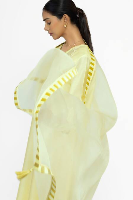 Buy_Bhavik Shah_Yellow Chanderi , Cotton, , Organza Embroidery V-neck Kurta Set _Online_at_Aza_Fashions