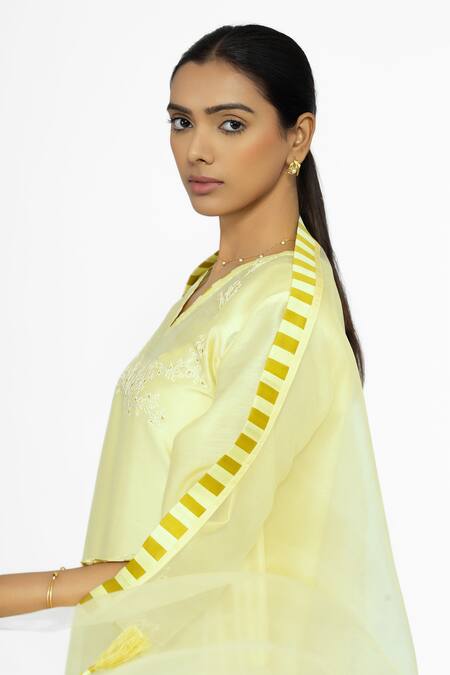 Shop_Bhavik Shah_Yellow Chanderi , Cotton, , Organza Embroidery V-neck Kurta Set _Online_at_Aza_Fashions