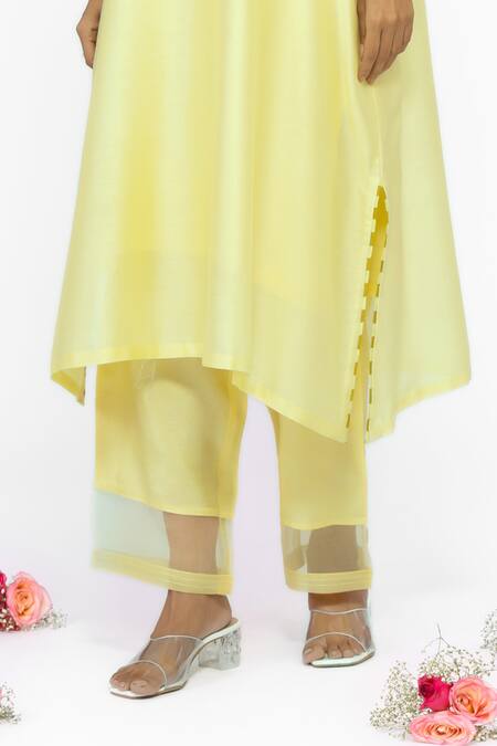 Bhavik Shah_Yellow Chanderi , Cotton, , Organza Embroidery V-neck Kurta Set _at_Aza_Fashions