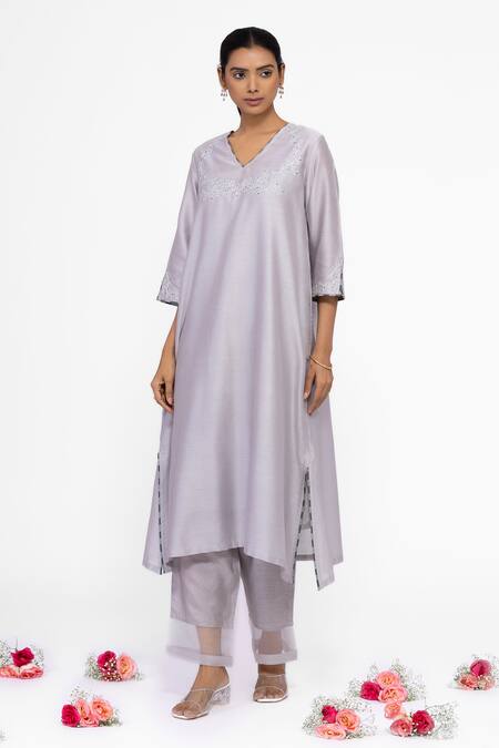 Shop_Bhavik Shah_Gray Chanderi Silk Embroidery V-neck Kurta Set _Online_at_Aza_Fashions