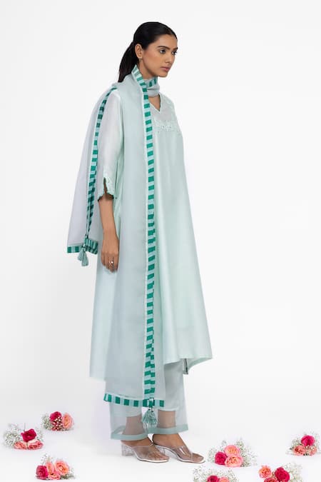 Shop_Bhavik Shah_Mint Chanderi Silk, Silk, Organza Embroidery V-neck Kurta Set _Online_at_Aza_Fashions