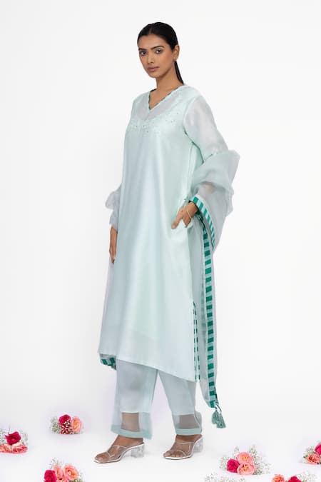 Bhavik Shah_Mint Chanderi Silk, Silk, Organza Embroidery V-neck Kurta Set _at_Aza_Fashions