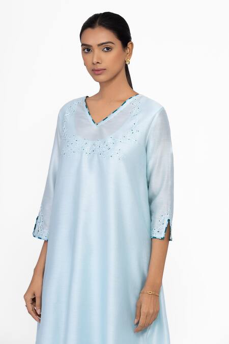 Bhavik Shah_Blue Silk, Chanderi, Cotton Embroidery V-neck A-line Kurta Set _Online_at_Aza_Fashions